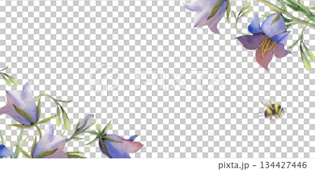 Rectangular frame with bells and a flying bumblebee on an isolated background. Watercolor illustration of realistic wildflowers. Floral template with an empty place to insert for postcards Rectangular frame with bells and a flying bumblebee on an isolated background. Watercolor illustration of realistic wildflowers. Floral template with an empty place to insert for postcards 134427446