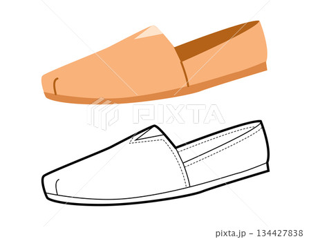 Beige espadrille flat shoe women flat plus line set. Minimal slip on canvas footwear for lifestyle branding design. 134427838