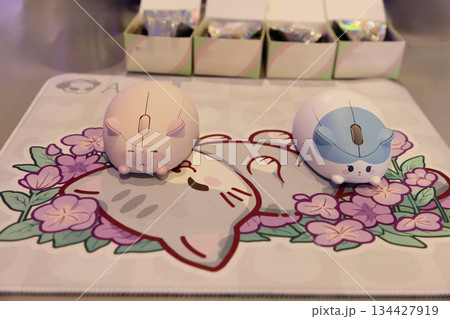 Berlin, Germany - September 09, 2025: Cute cat-themed computer mouse on floral mat 134427919