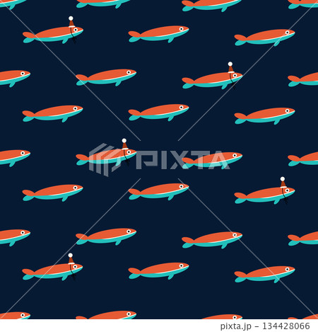 Seamless pattern with vector images of fish. Suitable for Christmas posters, social media, banners, invitations, and textile design. Trendy abstract background with sardines. Seamless pattern with vector images of fish. Suitable for Christmas posters, social media, banners, invitations, and textile design. Trendy abstract background with sardines. 134428066