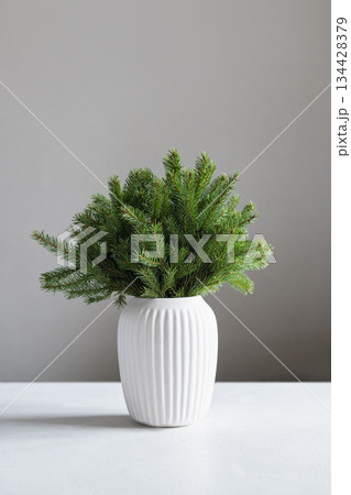 Alternative Christmas tree made of evergreen fir branches arranged in white vase. Xmas holiday decor. 134428379