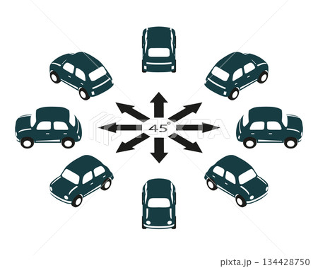 A set of 8 dark green stylized retro cars in isometric view, rotated at 45 degrees and shown from multiple angles. A set of 8 dark green stylized retro cars in isometric view, rotated at 45 degrees and shown from multiple angles. 134428750