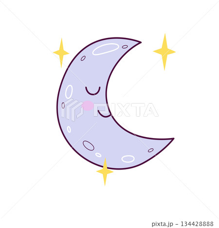 Cute sleeping crescent moon illustration with stars in hand drawn style Cute sleeping crescent moon illustration with stars in hand drawn style 134428888