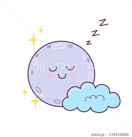 Cute sleeping moon with cloud illustration in hand drawn style 134428889
