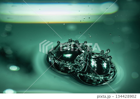 357.Dual Crown Splashes and Ripples on Green-Tinted Water 134428902