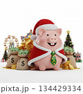 Cheerful piggy bank wearing Santa hat surrounded by festive decorations and money bags during the holiday season 134429334