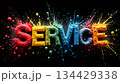 Colorful splash art forming the word service with vibrant hues against a dark background in an artistic expression 134429338