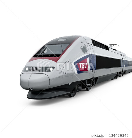 Fast train in motion at a station during daytime showcasing modern transportation technology and infrastructure 134429343