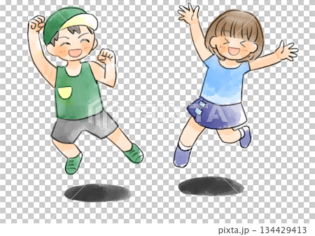 Illustration of children jumping in short sleeves, hand-drawn, watercolor style 134429413