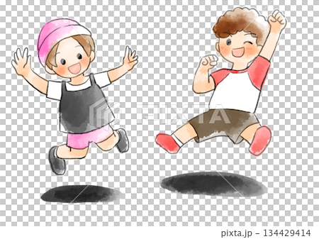 Illustration of children jumping in short sleeves, hand-drawn, watercolor style 134429414