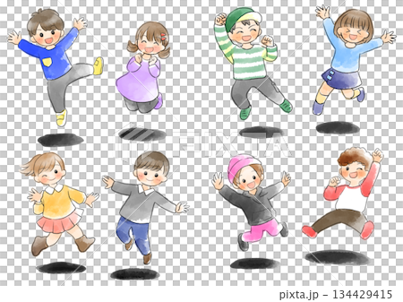 Illustration of children jumping in long sleeves, hand-drawn, watercolor style 134429415