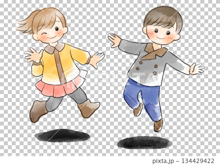 Illustration of children in winter clothes jumping, hand-drawn, watercolor style 134429422
