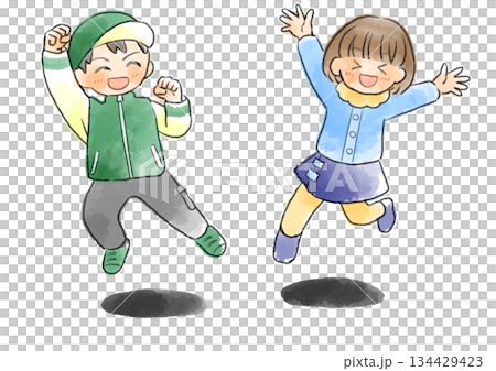 Illustration of children in winter clothes jumping, hand-drawn, watercolor style 134429423