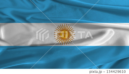 Flag of Argentina with fabric textured background. Close up of National flag of Argentina with realistic texture Flag of Argentina with fabric textured background. Close up of National flag of Argentina with realistic texture 134429610
