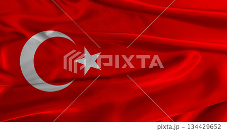 Flag of Turkey with fabric textured background. Close up of National flag of Turkey with realistic texture Flag of Turkey with fabric textured background. Close up of National flag of Turkey with realistic texture 134429652