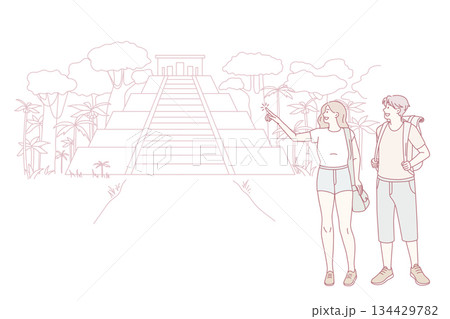 Happy couple tourists explore country travel landmarks 134429782