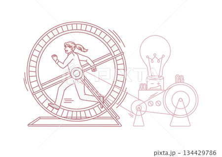 Motivated woman run in wheel generate creative ideas Motivated woman run in wheel generate creative ideas 134429786