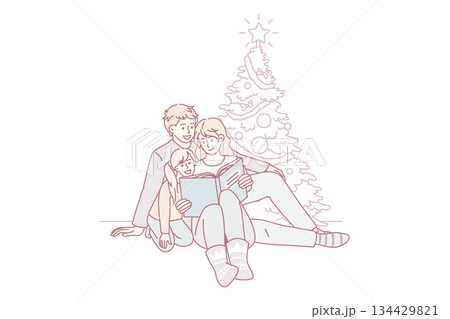 Happy family with kid read book on Christmas Happy family with kid read book on Christmas 134429821