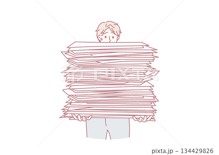 Stressed man with pile of paperwork material 134429826