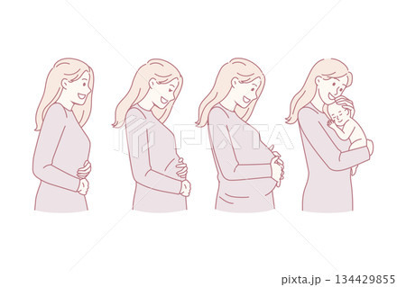 Smiling woman during different pregnancy stages 134429855