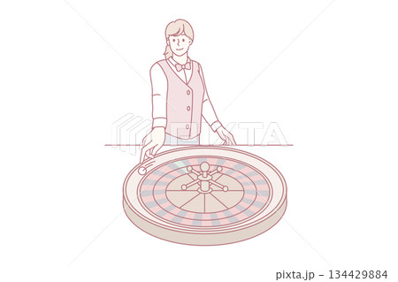 Smiling female croupier spin roulette in casino 134429884