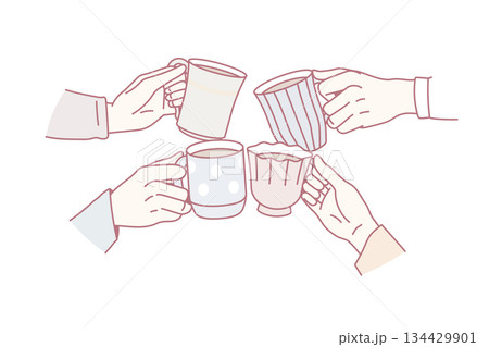 Friends cheers with mugs drink coffee together Friends cheers with mugs drink coffee together 134429901