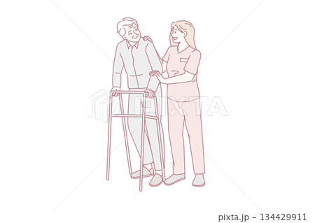 Nurse help older man using walking frame in hospital 134429911