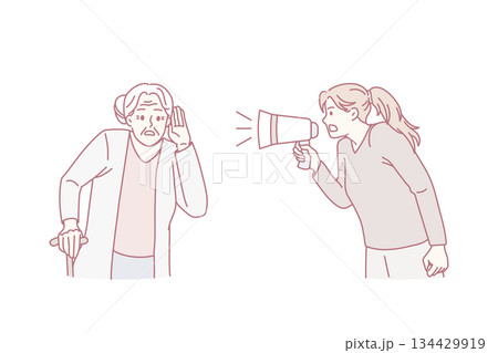 Girl scream in loudspeaker to old deaf grandmother 134429919