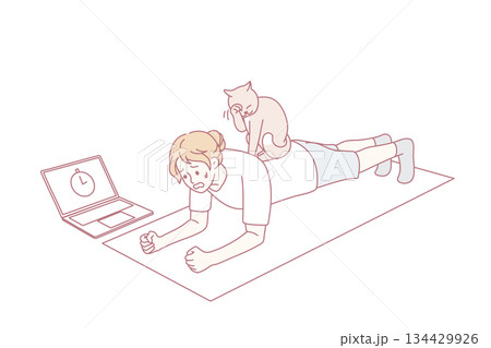 Sporty woman stand in plank with cat on back 134429926