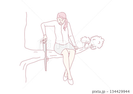 Unhappy female employee cut tree branch 134429944