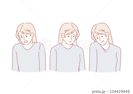 Young woman show different facial emotions Young woman show different facial emotions 134429948