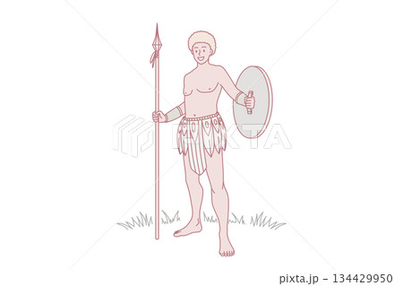 African American tribe man in traditional clothes with spear African American tribe man in traditional clothes with spear 134429950
