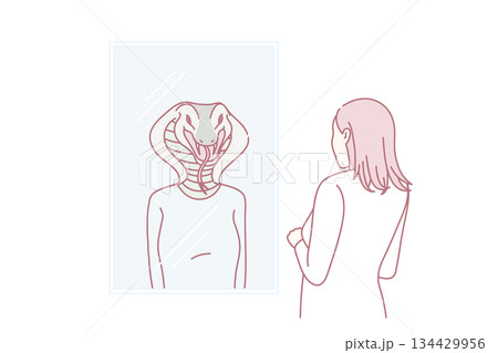Woman look in mirror see snake reflection Woman look in mirror see snake reflection 134429956