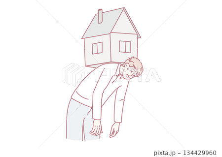 Tired man lean under house maintenance burden Tired man lean under house maintenance burden 134429960