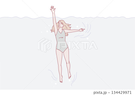 Anxious woman ask for help drowning in sea Anxious woman ask for help drowning in sea 134429971