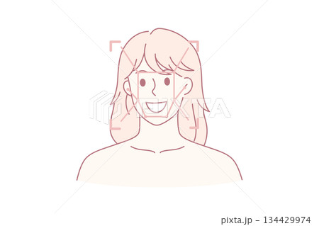 Portrait of smiling woman use emotion detection app 134429974