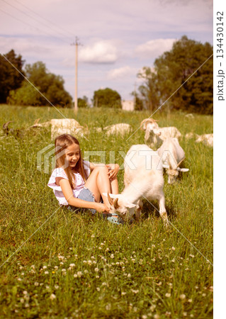 Girl cradling a baby goat in her arms, surrounded by a lush green field, basking in the warmth of a sunny day Girl cradling a baby goat in her arms, surrounded by a lush green field, basking in the warmth of a sunny day 134430142