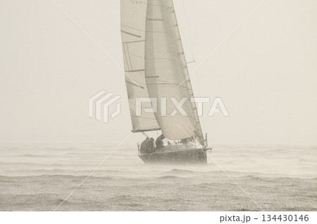 Sailing regatta in the Gulf of Finland in heavily rain, few sailing yachts competing in a race, splashing water from under the boats, teamwork, board the boat Sailing regatta in the Gulf of Finland in heavily rain, few sailing yachts competing in a race, splashing water from under the boats, teamwork, board the boat 134430146