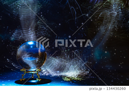 Abstract Cosmic Energy and Crystal Ball with Neon Light Trails 134430260