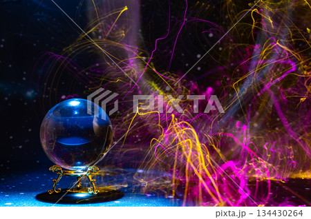Abstract Cosmic Energy and Crystal Ball with Neon Light Trails 134430264