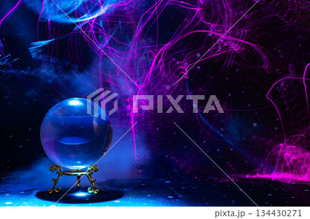 Abstract Cosmic Energy and Crystal Ball with Neon Light Trails 134430271