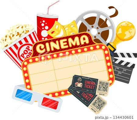 cinema auditorium with seats and popcorn cinema auditorium with seats and popcorn 134430601