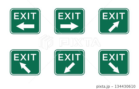 Safety And Emergency Exit Sign Vector Set in Green with Directional Arrows Safety And Emergency Exit Sign Vector Set in Green with Directional Arrows 134430610