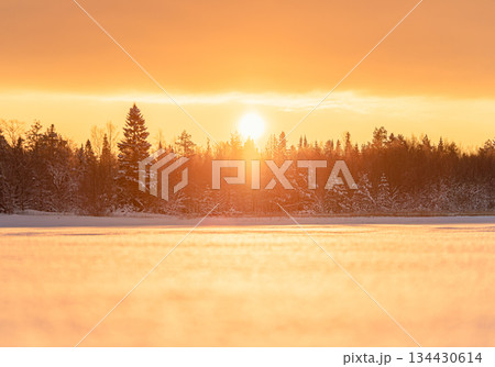 Golden winter sunset in Northern Europe with snowy forest and frozen lake Golden winter sunset in Northern Europe with snowy forest and frozen lake 134430614