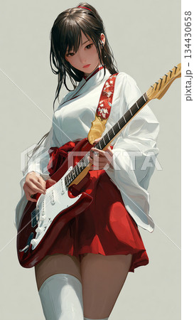 楽器女子034 巫女風衣装でギターを演奏する女性イラスト 134430658