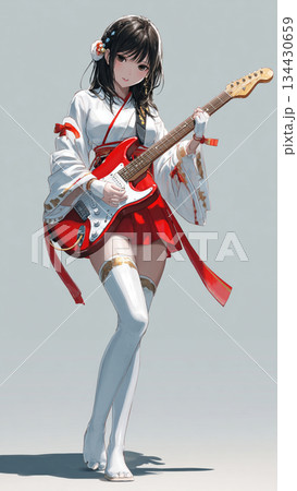 楽器女子035 巫女風衣装でギターを演奏する女性イラスト 134430659