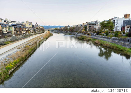 早朝の四条大橋から見た鴨川の風景 朝焼け 京都府京都市 早朝の四条大橋から見た鴨川の風景 朝焼け 京都府京都市 134430718