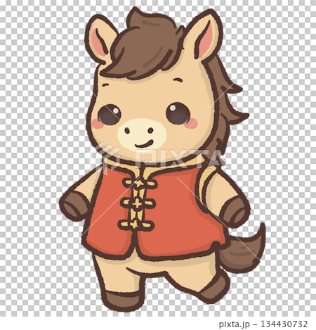 Cute kawaii chibi horse wearing traditional lunar new year outfit pastel festive illustration adorable pony clipart for stickers cards kids decor and digital projects 134430732