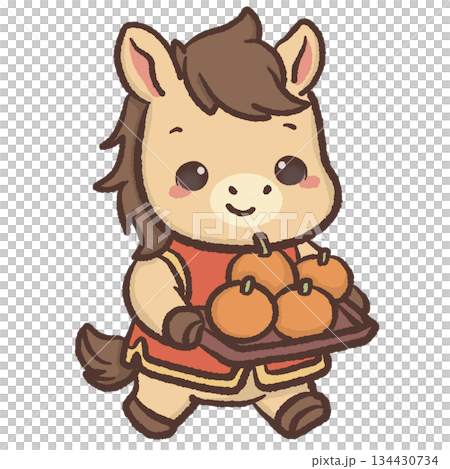 Cute kawaii chibi horse carrying tray of mandarin oranges pastel lunar new year illustration happy pony clipart for stickers kids decor festive prints and digital use Cute kawaii chibi horse carrying tray of mandarin oranges pastel lunar new year illustration happy pony clipart for stickers kids decor festive prints and digital use 134430734