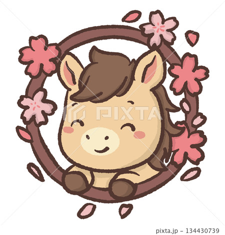 Cute kawaii chibi horse framed by cherry blossom wreath pastel spring illustration sweet smiling pony clipart for stickers invitations nursery decor and digital use 134430739
